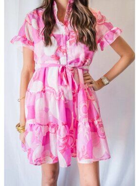 J. Marie Pink Floral Tiered Ruffle Mini Dress High Neck Belted LG Floral Lined